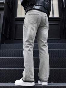 BAZR Men's Flared Jeans, Slim Fit Distressed Flare Leg Jeans, Y2K Stacked Jeans, Contrast Wash Embroidered Jeans, Suitable For All Seasons - Grey - View 6