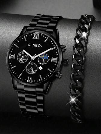 2pcs/Set Men's Sports Black Fashionable Casual Business Quartz Watch & Bracelet Set, With Calendar Function, Suitable For Daily Wear Or Gift