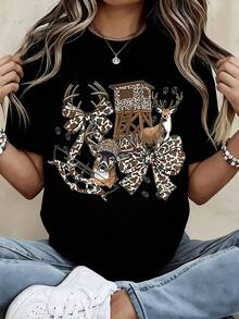 Camo Deer Hunting Theme Graphic T Shirt Black Camouflage Deer And Tree Stand Design Outdoor Adventure Casual Wear For Women - 黑色 - 查看 1