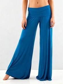 Womens Foldover Pants - Ultra Soft Stratum Tech Performance Elastic Mid Rise Wide Leg Casual Lounge Yoga Pants - Blue - View 1