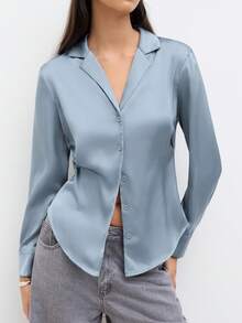 Áo sơ mi dài tay cổ satin màu trơn, dáng ôm, vạt cong thanh lịch, cài cúc phía trước, thích hợp mặc công sở cho nữ mùa xuân. - Màu xanh nhạt - Xem 3