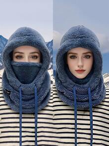 1pc Women's Solid Color Fleece Balaclava Hat, Elastic Drawstring, Lightweight & Warm For Outdoor Use, Cycling, Skiing, Soft & Skin-Friendly - Black Fleece Hood - View 4