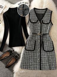 This Elegant Sleeveless Jacket Features A Houndstooth Pattern, Designed Specifically For Women. With A Belt And Front Button Closure, It Is An Ideal Choice For Parties, Holidays, Casual Outings, And Vacations.