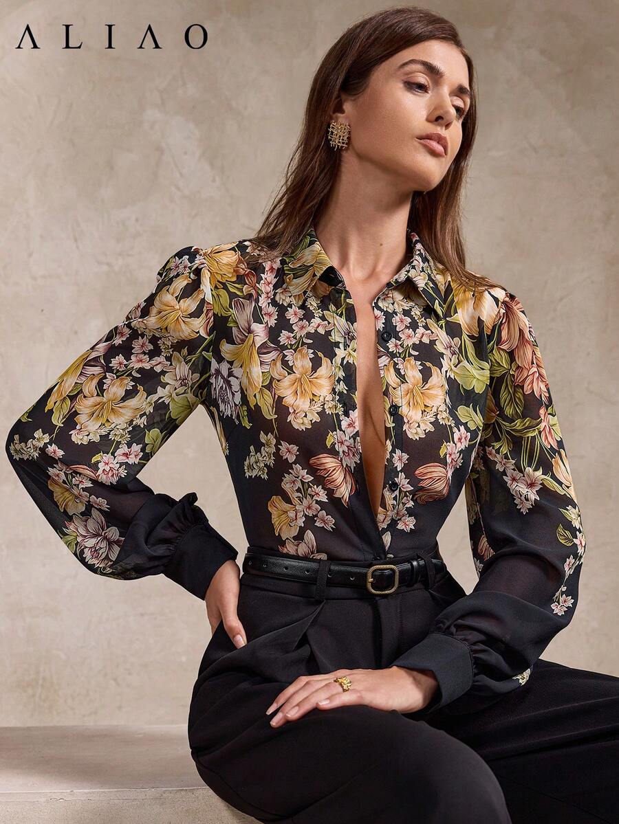 A&A 高端印花长袖透视衬衫，度假风，春季女装，纽扣衬衫 - 彩色 - 查看 1