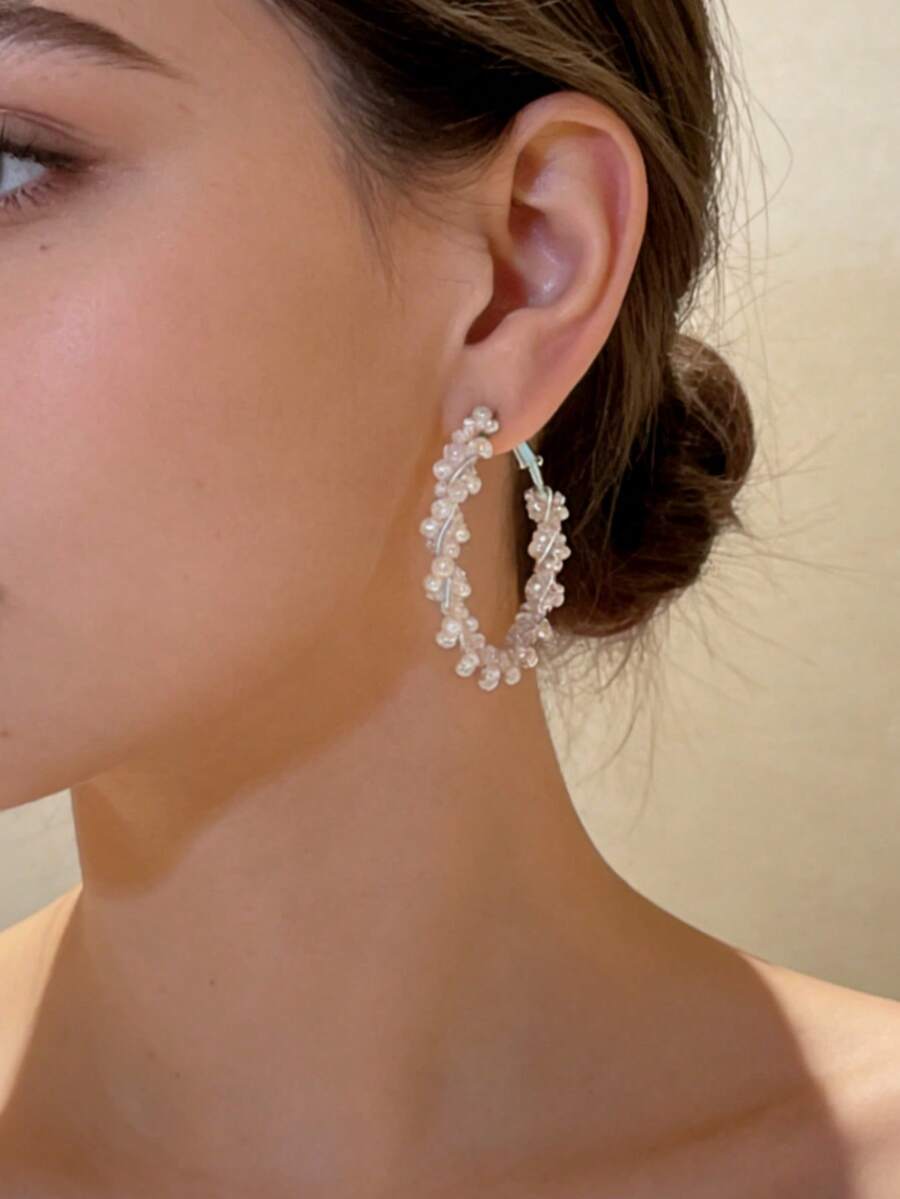 1 Pair Elegant Beaded Faux Pearl Wrap Around Earrings, Fashionable & Versatile For Party, Daily Casual Wear