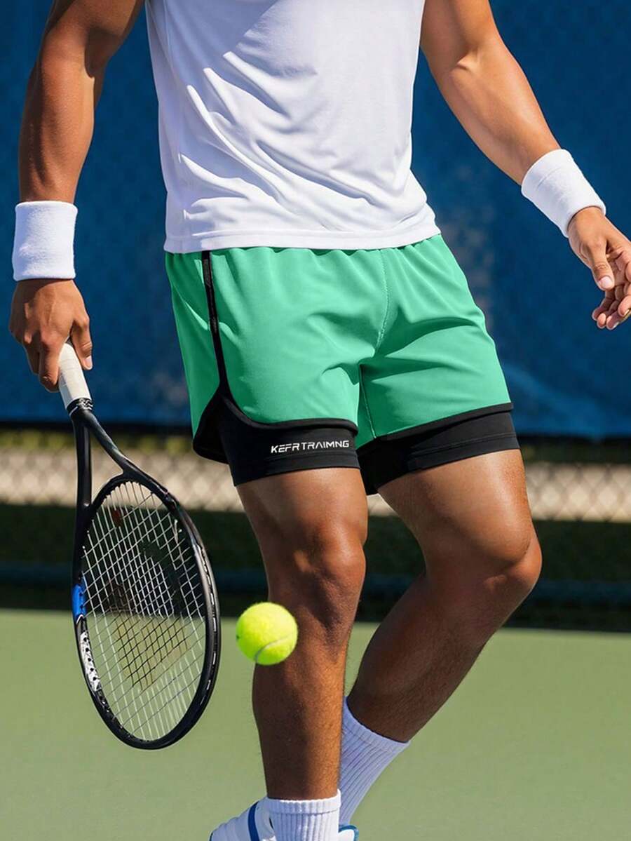 1 pezzo Pantaloncini sportivi tinta unita, anti-sfregamento, leggeri, a doppio strato, unisex, adatti per corsa, attività all'aperto, palestra, primavera/estate - Menta Verde - Visualizzare 1