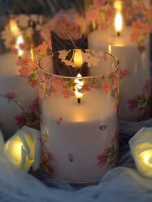 3pcs Set Flameless Candle Lights, Battery Operated Candles, Unbreakable Acrylic Candles With Remote Control, Cherry Blossom Print Cup Candles, Suitable For Desktop Decor, Christmas, Halloween, Valentine's Day, Mother's Day, Birthday, Proposal, Wedding, Party, Holiday Atmosphere Decoration - Cherry Blossoms - View 11