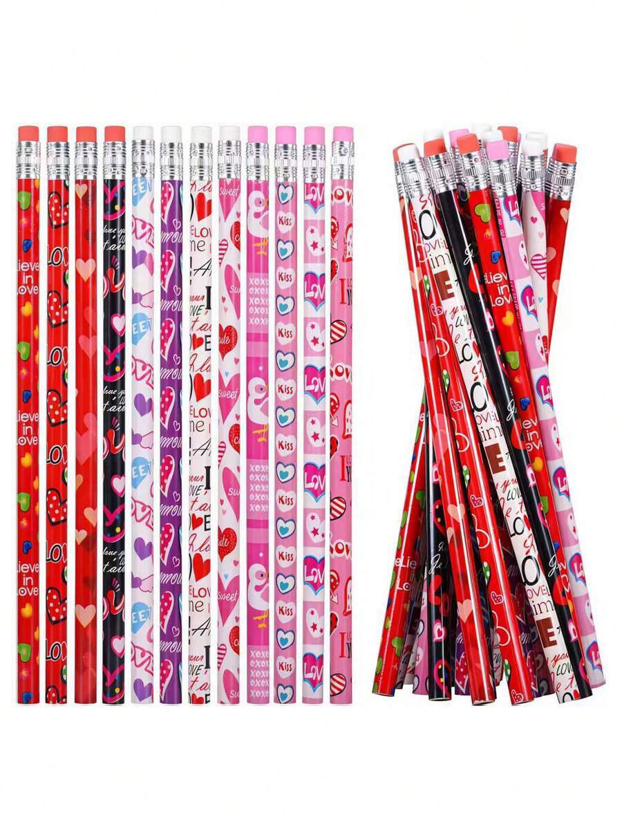 Bộ 24 bút chì Valentine, bút chì gỗ nhiều màu sắc kèm tẩy, đóng gói số lượng lớn cho ngày lễ, tẩy chất lượng cao, bút chì Valentine, bút chì màu Valentine, quà tặng Valentine, quà tặng tiệc tùng, phần thưởng trong lớp học, đồ dùng học tập - Nhiều màu - Xem 1