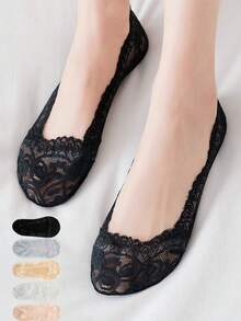 5 pares/lote Calcetines de mujer de encaje invisible de verano, transparentes, cortos, sin mostrar, conjunto de calcetines tobilleros de corte bajo con silicona antideslizante - Multicolor - Ver 7