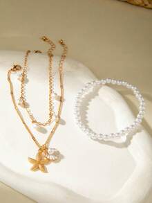 3pcs Minimalist Beaded Faux Pearl Multi-Layer Delicate Chain Pendant Starfish & Seashell Pearl Creative Niche Jewelry Anklet Set, Suitable For Vacation, Party, Gift