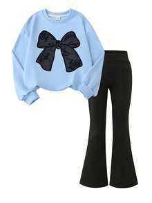 2pcs/Set Girls Bow Print Crew Neck Sweatshirt And Pants, New Fashionable Casual Travel Outfit - Baby Blue - View 2