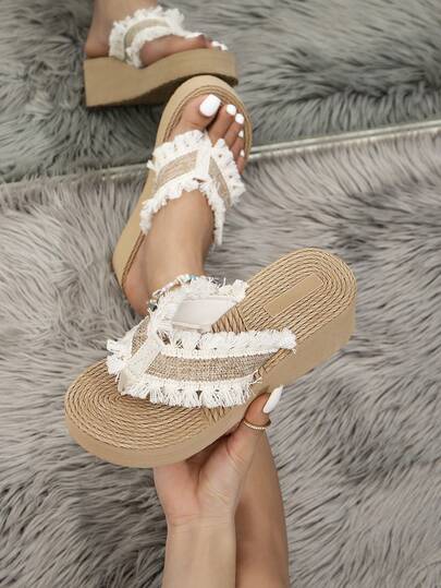 Women's Spring/Summer New Arrival, Suitable For Middle East, Europe, US And Southeast Asia Markets: 1. Vintage Sweet Tassel Khaki Wedge Platform Sandals, Boho Chic Youthful Sexy Confident Alluring Beige Tassel Slides 2. French Classic Retro Thick Bottom Wedge Slide Sandals 3. Comfortable Breathable Open Toe Khaki Tassel Round Toe Ladies Sandals, 5cm Heel Height