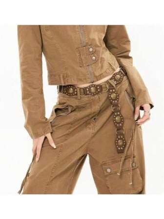 1 pieza Cinturón de cintura con remaches, cinturón de cuero con parches vintage y estilo único Y2K, con vibra occidental versátil, talla grande