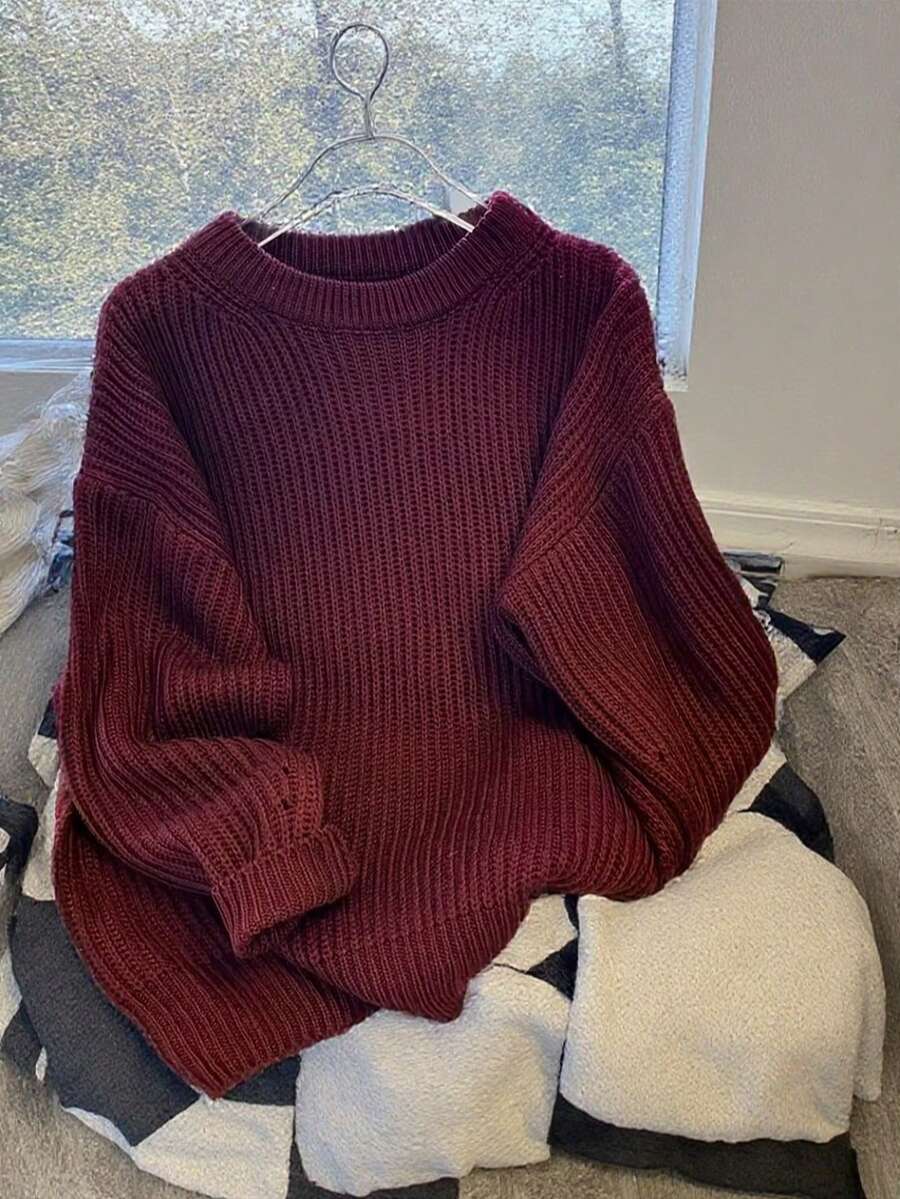 女士休闲纯色套头针织衫，长袖 - 酒紅色 - 查看 1