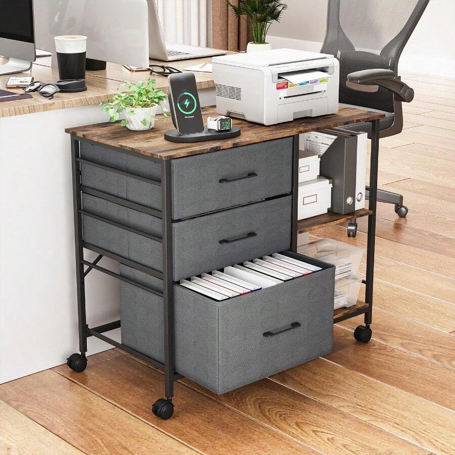 Printer StandsGOMYHOME Archivador Móvil con 3 Cajones Grandes Gabinete de Archivos con Ruedas para Oficina en Casa Soporte de Impresora Mesa Lateral de Almacenamiento de Tela Color Marrón - Marrón - Ver 1