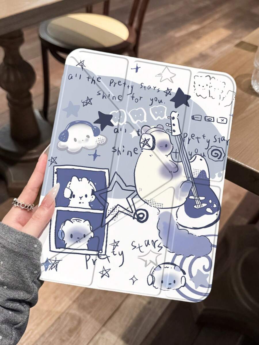 1个双面高清卡通吉他猫平板电脑保护套，适用于iPad 10/9/11 2025、2026新款，带镜头盖，自动唤醒/睡眠功能，Y型可折叠多角度支架带笔槽，办公学习必备，非磁性