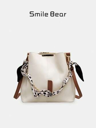 Women's PU Leather Bucket Bag With Chain Decor, Crossbody