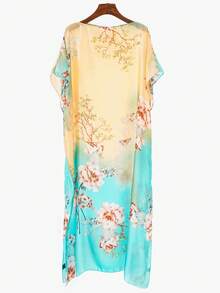 1件女士复古优雅印花仿丝长款卡夫坦罩衫，休闲沙滩防晒披肩和服，夏季连衣裙 - 彩色 - 查看 25