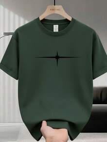 Men's T-Shirt, 100% Premium Cotton, Short Sleeve, Shiny 4-Point Star Print, Gym Suit, Stylish Gift For Him, Crew Neck, Plain, Casual Fashion - 綠色 - 查看 1