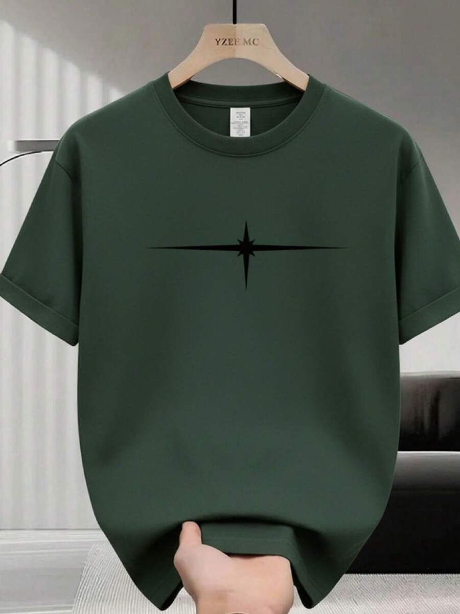 Men's T-Shirt, 100% Premium Cotton, Short Sleeve, Shiny 4-Point Star Print, Gym Suit, Stylish Gift For Him, Crew Neck, Plain, Casual Fashion - 綠色 - 查看 1