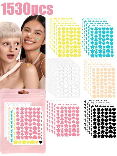 1530 piezas/612 piezas Pegatinas de rostro con estampado de estrellas en rosa, negro, blanco, azul, morado y verde. Esenciales para fotografía, pintura facial, adecuadas para fiestas, reuniones y diversas actividades de entretenimiento. Precio asequible, se pueden usar como regalos de Navidad, cosméticos, herramientas de maquillaje, etc.