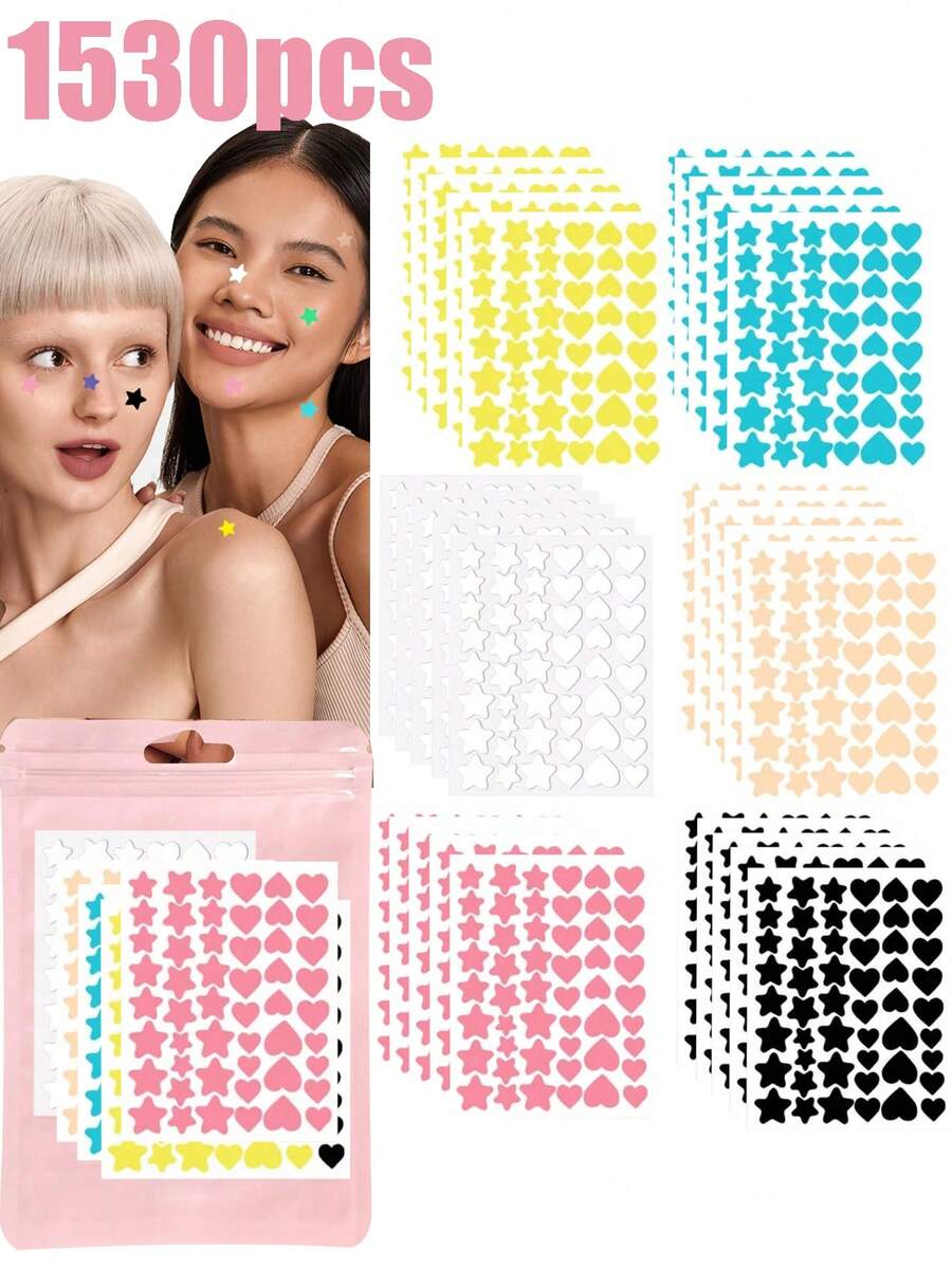 1530片/612片粉色、黑色、白色、蓝色、紫色、绿色星形图案E-Star面部贴纸，摄影、面部彩绘必备，适用于派对、聚会和各种娱乐活动。价格实惠，可用作圣诞礼物、化妆工具等。 - 彩色 - 查看 1