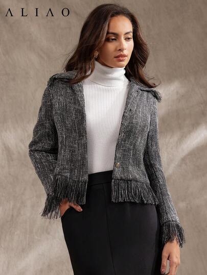 A&A Exquisite Fringed Hem Coarse Weaving Plaid Print Metal Buckle Jacket, Casual Vintage Texture Short Jacket ,Minimalist Style, Elegant Everyday Wear & Business Casual Jacke ,For Summer/Autumn