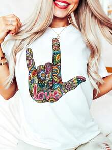 T Shirt With Colorful Hand Sign Love Print For Casual Wear 220g - White - View 1