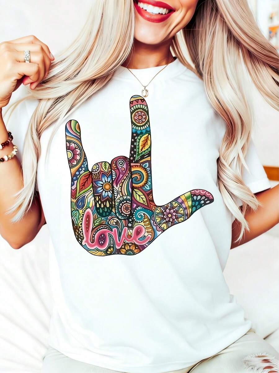 T Shirt With Colorful Hand Sign Love Print For Casual Wear 220g - White - View 1