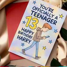 Personalized 13th Birthday Card For Harry - Funny 'Officially A Teenager' Greeting Card With Boy On Phone Design, Stars & Rustic Decor, Perfect Teen Gift For Son, Friend, Or Grandson - Multicolor - View 9