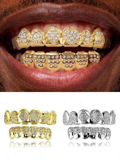 1 Bộ Grillz mạ vàng 14K đính đá hình quân bài dành cho nam, Phụ kiện trang sức phong cách Gothic dành cho nữ
