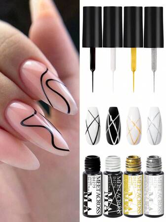 MEET ACROSS Set de 4 piezas de esmalte de uñas en gel con líneas de colores oro, plata, negro y blanco. Gel semipermanente UV para pintura, dibujo, diseño de uñas francesas, remolinos y arte de uñas. Ideal para manicura en casa y salón.