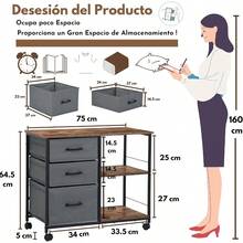 Printer StandsGOMYHOME Archivador Móvil con 3 Cajones Grandes Gabinete de Archivos con Ruedas para Oficina en Casa Soporte de Impresora Mesa Lateral de Almacenamiento de Tela Color Marrón - Marrón - Ver 2