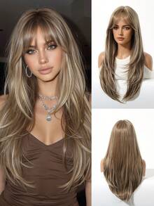 26 Inch Ombre Gold Long Straight Wig With Bangs, Heat Stylable, Suitable For Women's Daily Wear, Party, New Year And Everyday Use
