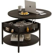Round Lift Top Coffee Table With Storage And Hidden Compartment 68cm Farmhouse Coffee Tables For Living Room Reception Room 2 Tier Small Round Center Table Circle Dining Table Black Oak - BlackOak - View 1