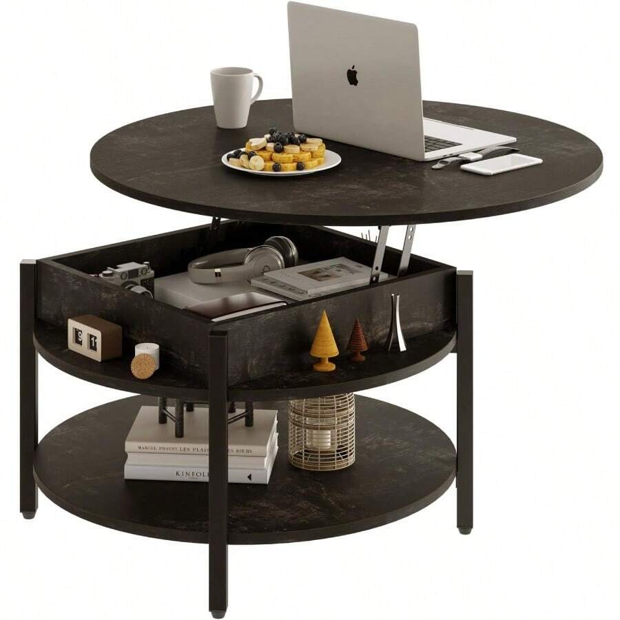 Round Lift Top Coffee Table With Storage And Hidden Compartment 68cm Farmhouse Coffee Tables For Living Room Reception Room 2 Tier Small Round Center Table Circle Dining Table Black Oak - BlackOak - View 1