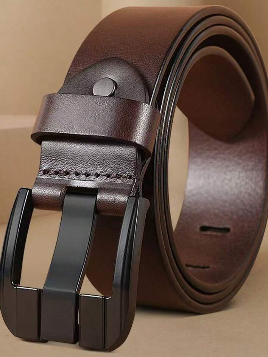 男士简约自动扣皮带，仿真皮材质，纹理网格图案，时尚设计，休闲服饰 - 棕色 - 查看 1