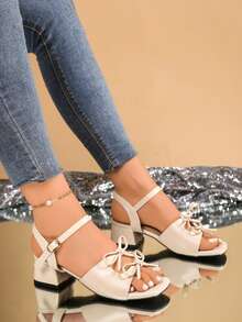 女士优雅搭扣装饰高跟穆勒凉鞋，细跟，百搭时尚绑带凉鞋 - 米色 - 查看 3