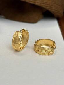 1 Pair Minimalist Elegant Unique Asymmetrical Textured Geometric Design Copper Hoop Earrings For Women - Yellow Gold - View 7