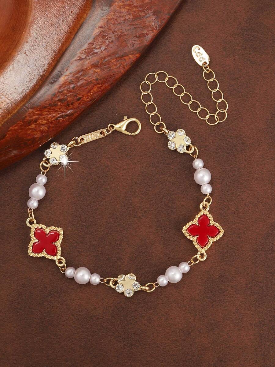 1pc Casual Elegant Design Mori Style Vintage Hong Kong French Romantic Geometric Heart Layered Bracelet - Red, White and Gold - View 1