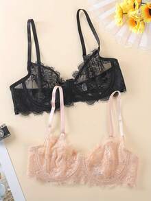 2 pièces Soutien-gorge sans armatures sans rembourrage à fleurs en dentelle mode femme - Multicolore - Voir 8