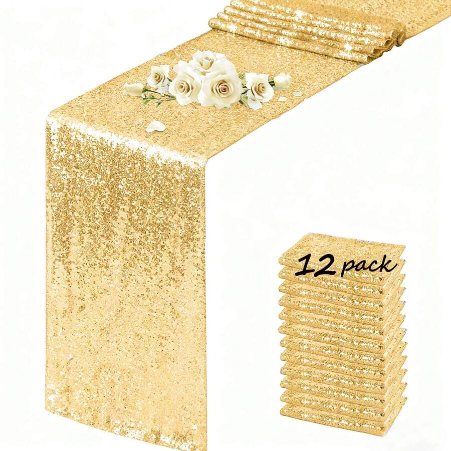 eluckya 1/6/12-Pack Gold Sequin Table Runner – Sparkling Sequined Fabric, Festive Christmas Table Runner, Suitable For Weddings, Parties, Catering Events, Christmas, Room Decor, Valentine's Day, Centerpiece Decorations, Satin Silk Texture Tablecloth, Festive Home And Dining Room Decorations, Available In Multiple Sizes. - Vàng - Xem 1