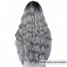 黑色渐变灰色合成蕾丝前假发，13x4英寸蕾丝，预拔毛发际线，适合时尚女性日常佩戴和派对使用，无胶耐热纤维假发 - 漸變灰色 - 查看 7