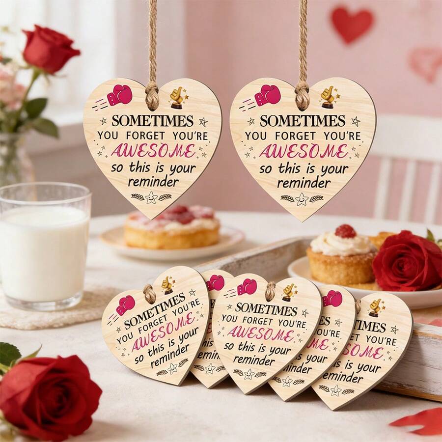 9-Piece "You're Awssome" Wooden Heart Hanging Signs With Jute Rope - Valentine's Day Gift, Birthday & Party Decor, Perfect For Wall Or Door Decorations, Ideal Present For Boyfriend Or Girlfriend - Apricot - View 1