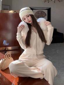 Casual Lazy Zip-Up Hooded Sweatshirt With Fur Collar, Autumn - Apricot - View 1