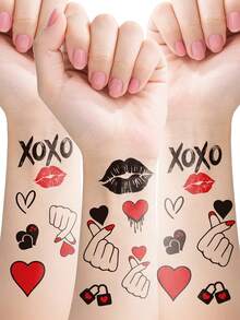 1 Blatt Valentinstag Temporäre Tattoos, Finger Herz Geste&XOXO Muster Tattoo Abziehbilder, realistische Tattoo Aufkleber, wasserfest und langanhaltend, für Mädchen&Paare Liebhaber Dating&Musikfestivals&Hochzeiten&Feiertagspartys, Festival Accessoires - Rot - Übersicht 3