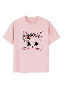 Camiseta de manga corta con cuello redondo y estampado de gato lindo para niñas preadolescentes, top de verano, adecuado para el uso diario de niñas adorables - Rosa - Ver 4