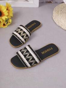 1 Pair Girls Woven Wave Striped Sandals, Girls Soft Bottom Non-Slip Slippers, Kids Summer Casual Outdoor Fashion Sandals - Black - View 6