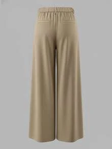 Quần tây ống rộng màu kaki dành cho nữ - Xếp ly phía trước, cạp cao, phong cách công sở thường ngày, phù hợp cho mọi mùa. - Màu kaki nhạt - Xem 3