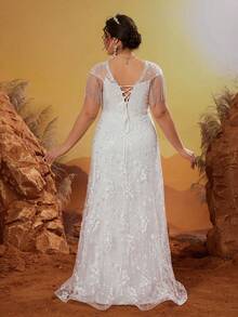 MGIACY V领透视飞机袖串珠蕾丝高端婚纱 - 白色 - 查看 2